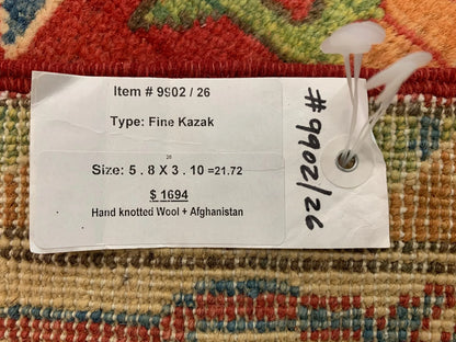 Kazak Geometric Multicolor 4X6 Handmade Wool Rug # 9902