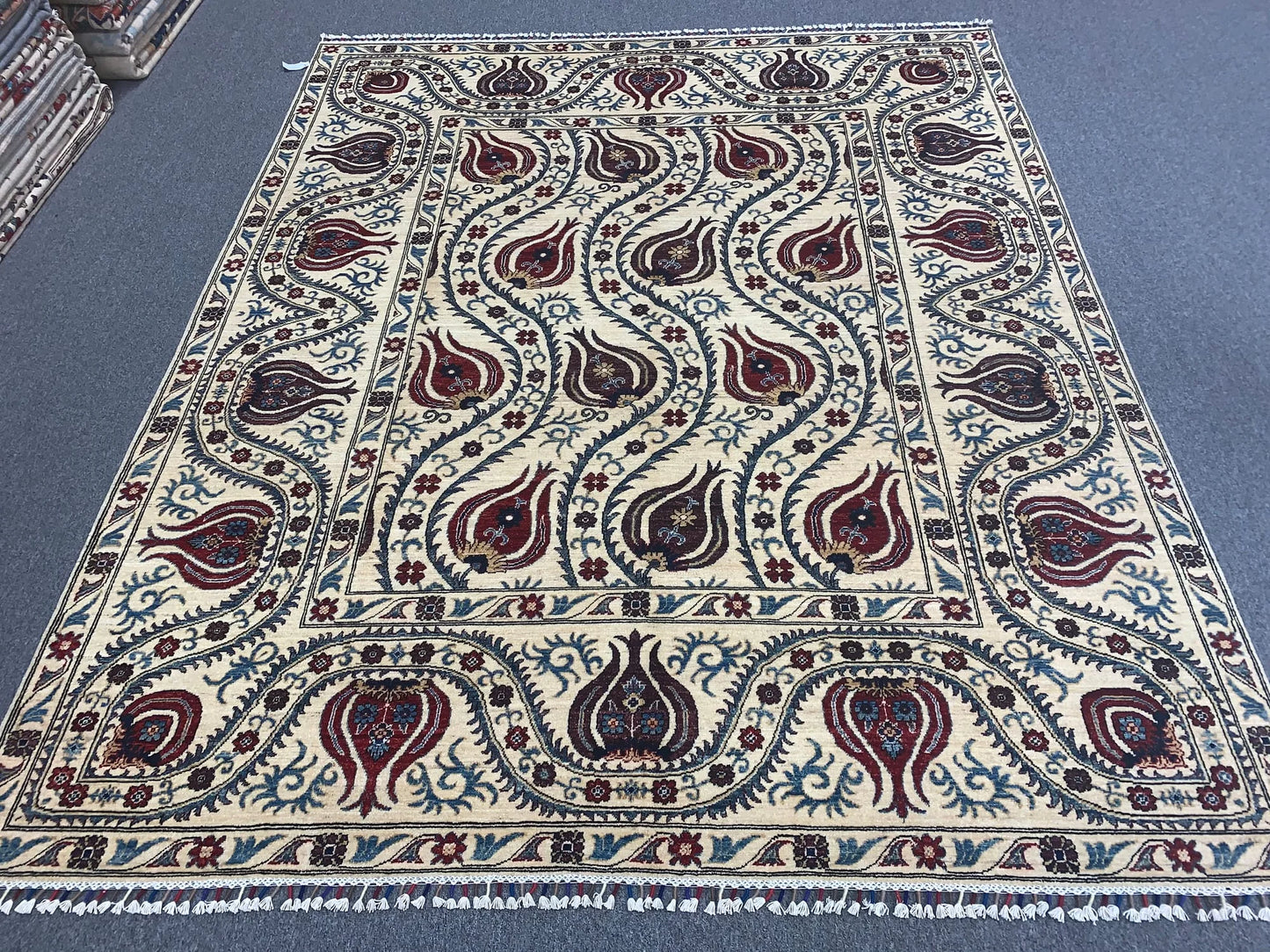 Suzani Beige Red Multi-color 8X10 Handmade Wool Rug # 11814