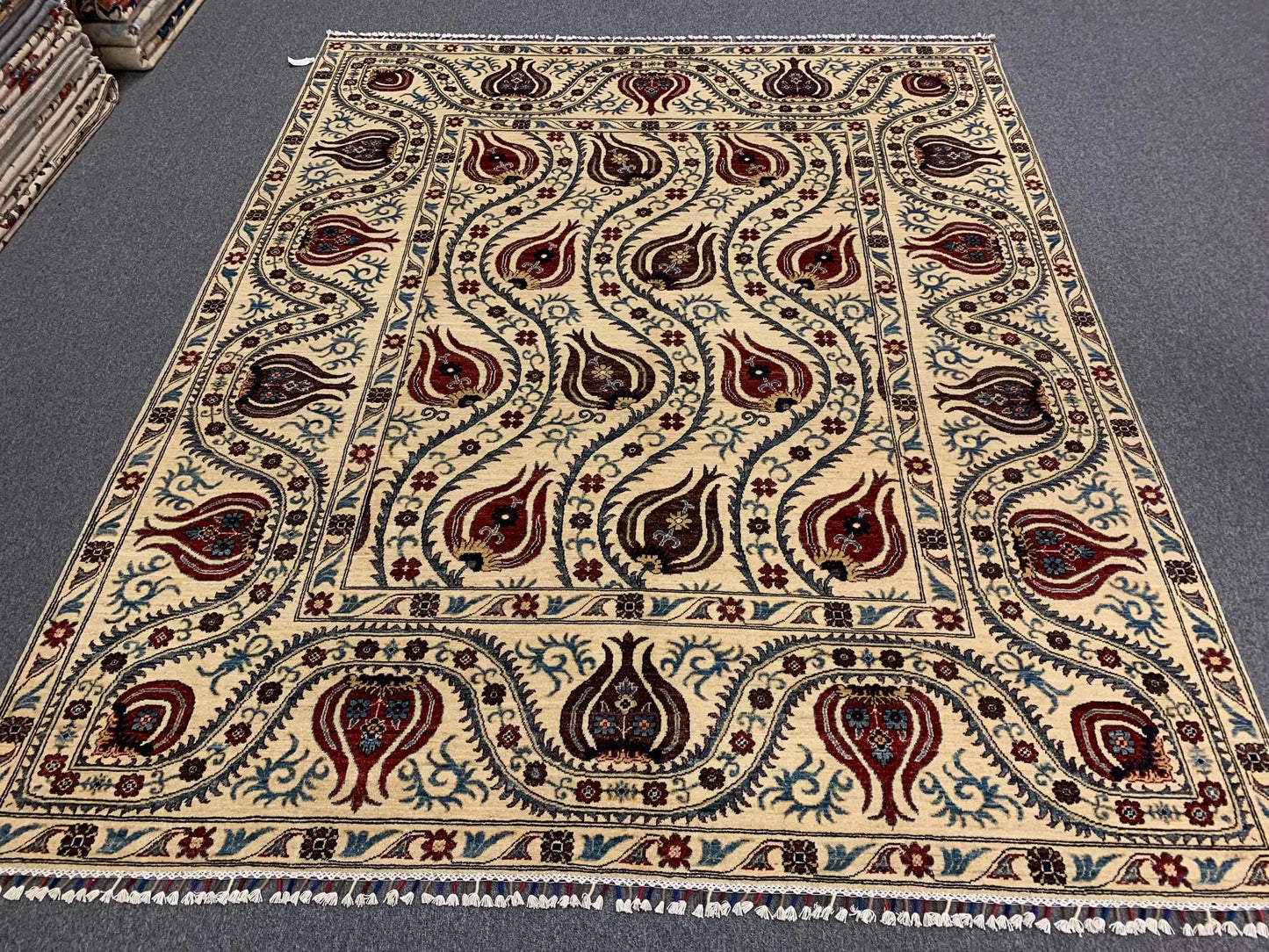 Suzani Beige Red Multi-color 8X10 Handmade Wool Rug # 11814