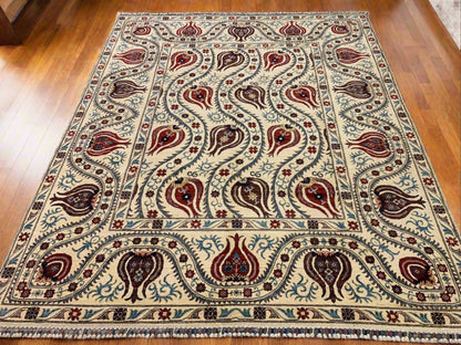 Suzani Beige Red Multi-color 8X10 Handmade Wool Rug # 11814