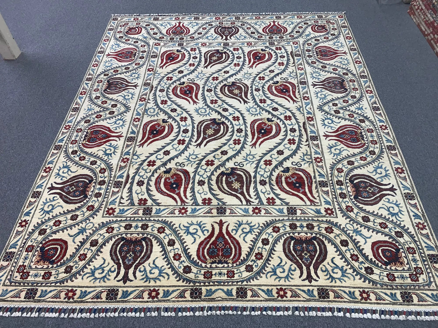 Suzani Beige Red Multi-color 8X10 Handmade Wool Rug # 11814