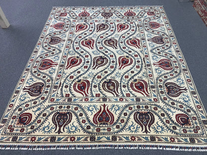 Suzani Beige Red Multi-color 8X10 Handmade Wool Rug # 11814