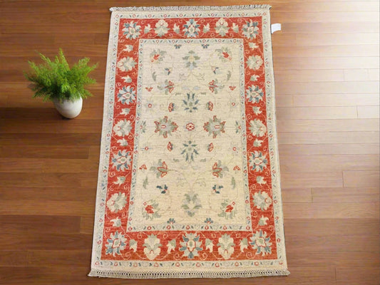 Ivory Oushak 3X4 Handmade Wool Rug # 11415