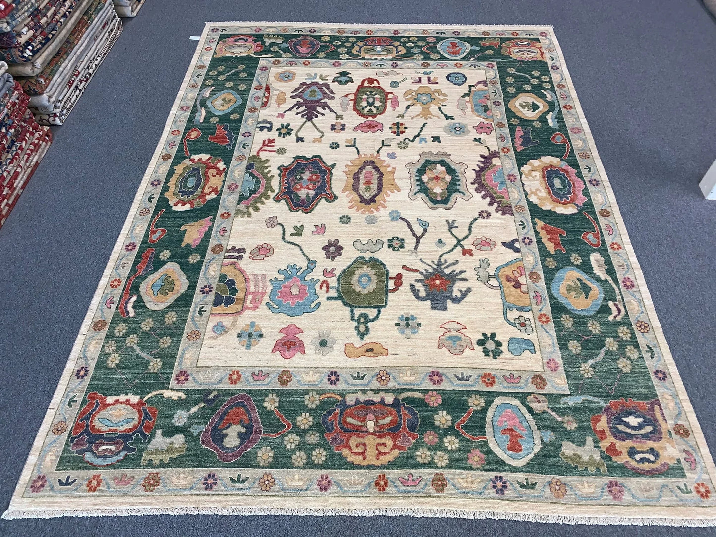 Beige/Green 9X12 Oushak Turkish styles Handmade Wool Rug # 11898