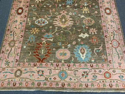 Green/Pink Oushak 9X12 Handmade Wool Rug # 12198