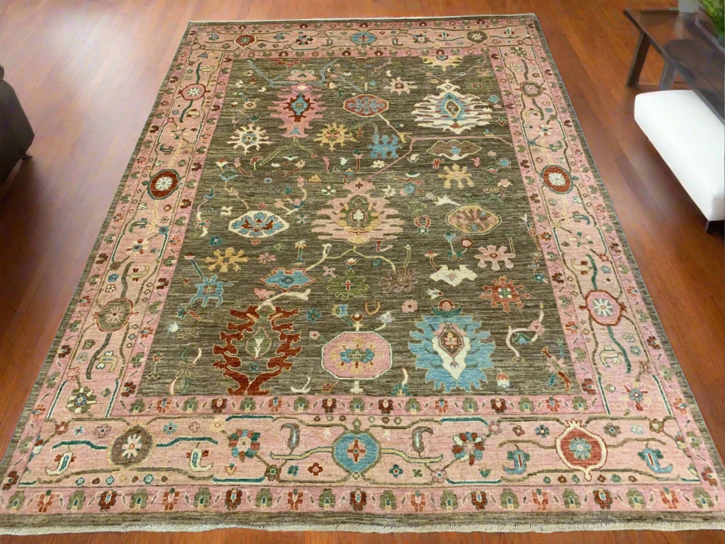 Green/Pink Oushak 9X12 Handmade Wool Rug # 12198