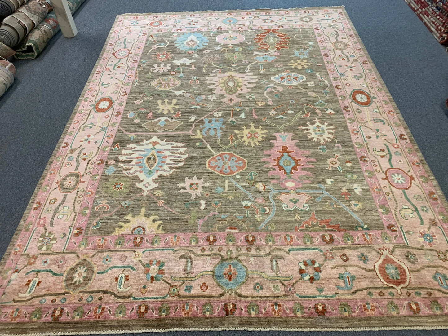 Green/Pink Oushak 9X12 Handmade Wool Rug # 12198