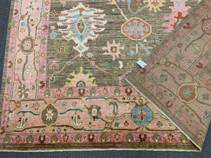 Green/Pink Oushak 9X12 Handmade Wool Rug # 12198