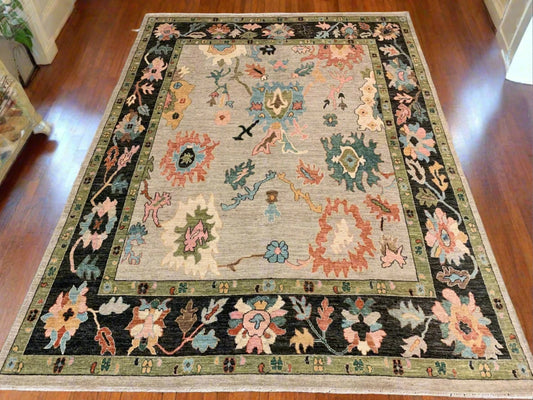 Oushak Ivory/Black 9X12 Handmade Wool Rug # 12211