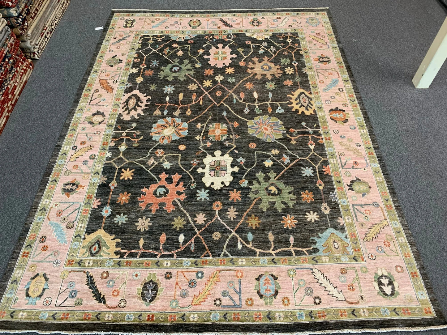 Oushak Black/Pink 9X12 Handmade Wool Rug # 12210