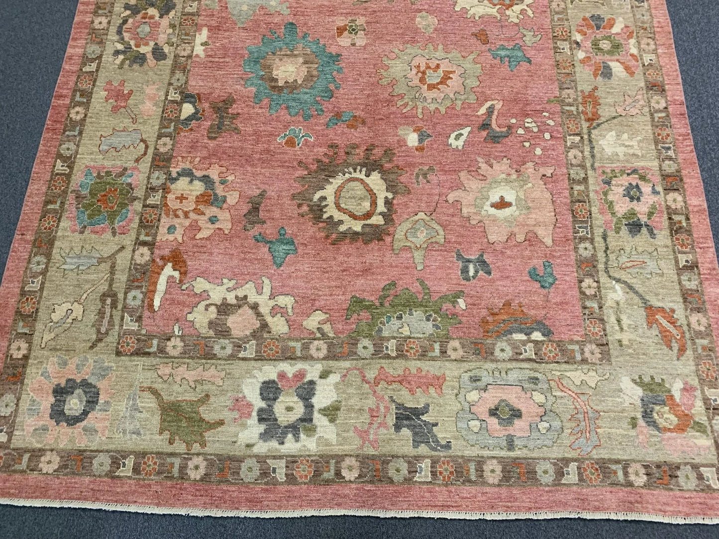 Pink/Soft Green 9X12 Oushak Handmade Wool Rug # 12213