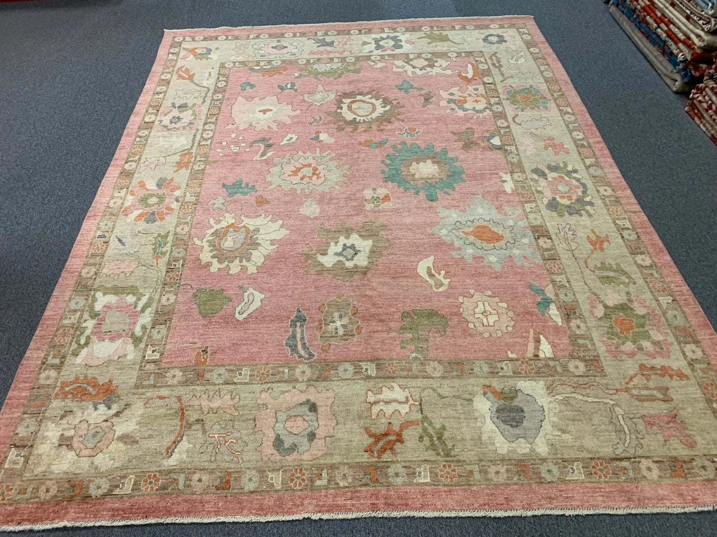 Pink/Soft Green 9X12 Oushak Handmade Wool Rug # 12213