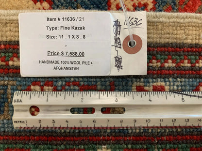 Beige/Red Kazak 9X11 Handmade Wool Rug # 11636