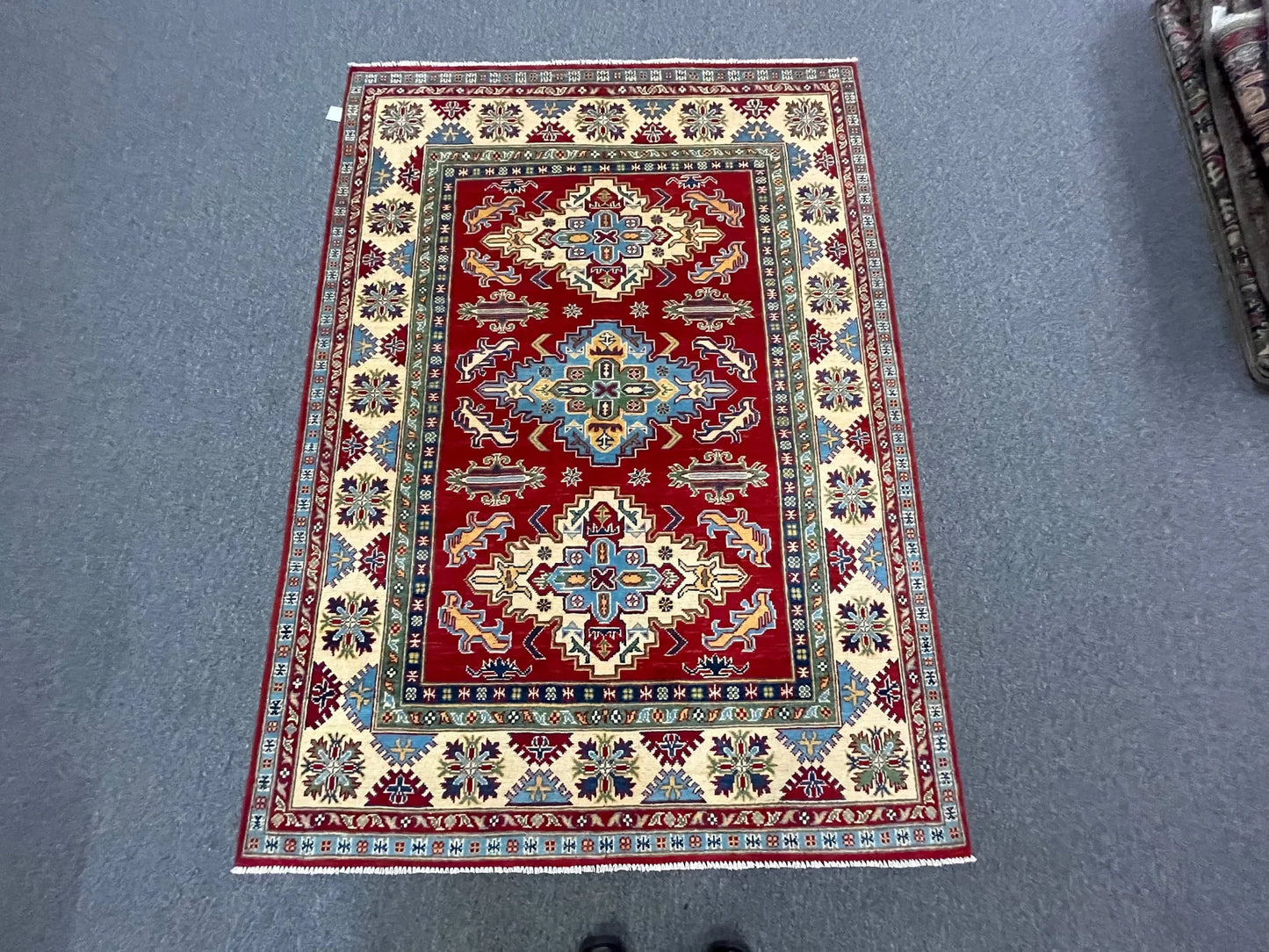 Kazak Geometric Red 5X7 Handmade Wool Rug # 12514