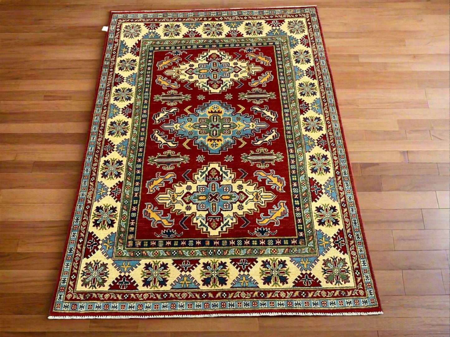 Kazak Geometric Red 5X7 Handmade Wool Rug # 12514