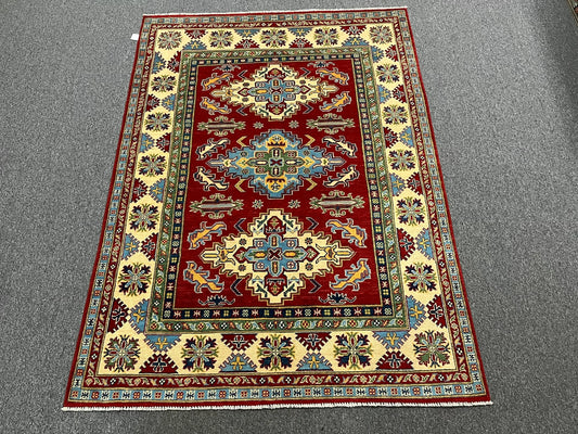 Kazak Geometric Red 5X7 Handmade Wool Rug # 12514
