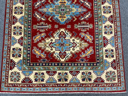 Kazak Geometric Red 5X7 Handmade Wool Rug # 12514