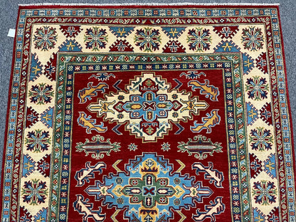 Kazak Geometric Red 5X7 Handmade Wool Rug # 12514