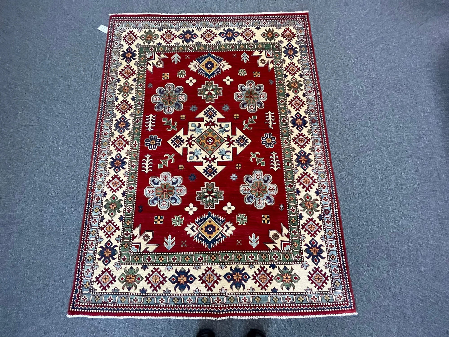 Kazak Geometric Red 5X7 Handmade Wool Rug # 12511