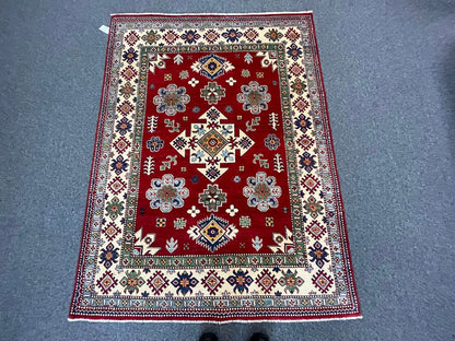 Kazak Geometric Red 5X7 Handmade Wool Rug # 12511