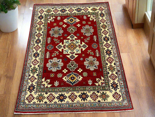 Kazak Geometric Red 5X7 Handmade Wool Rug # 12511