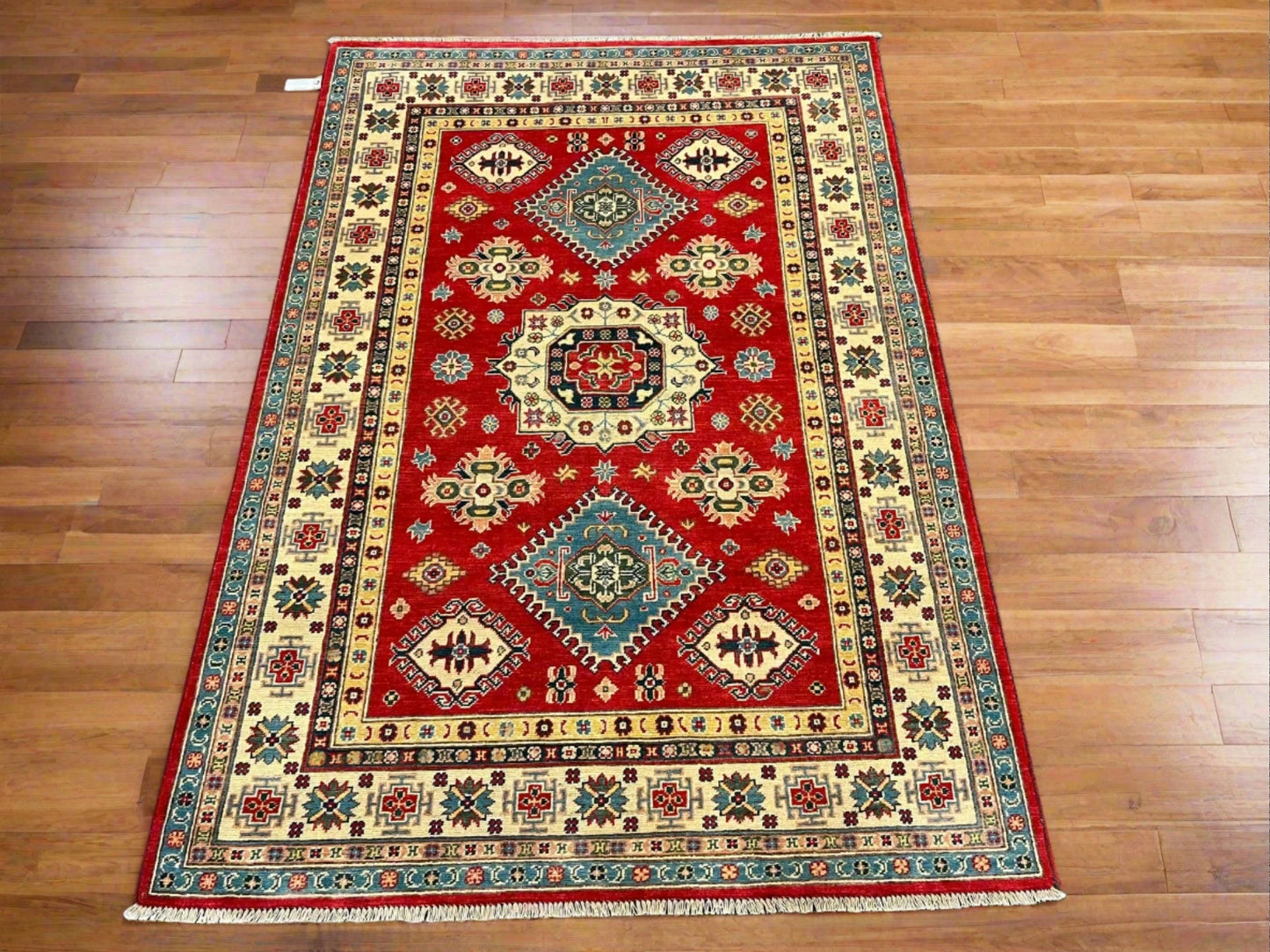 Geometric Red Kazak 5X7 Handmade Wool Rug # 12708