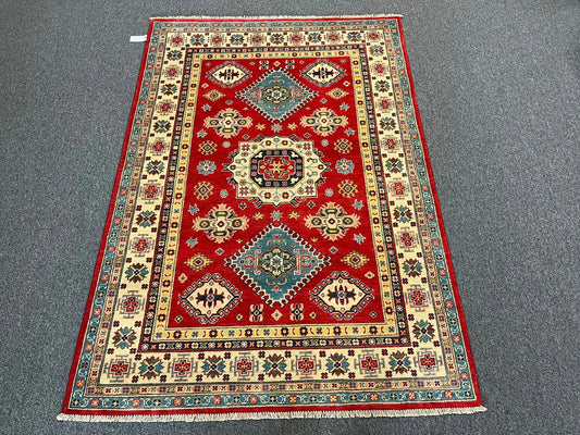 Geometric Red Kazak 5X7 Handmade Wool Rug # 12708
