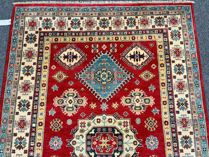 Geometric Red Kazak 5X7 Handmade Wool Rug # 12708