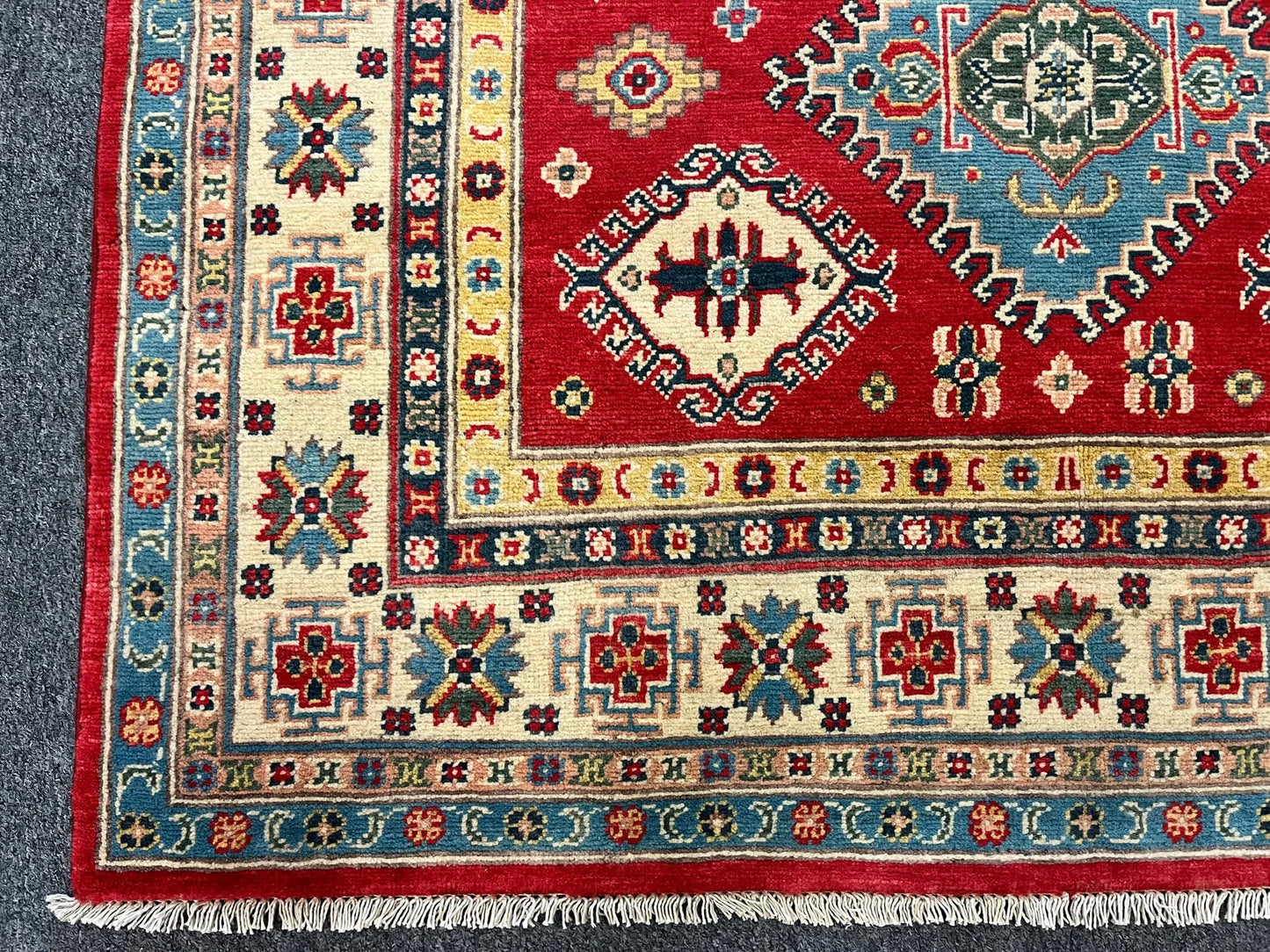 Geometric Red Kazak 5X7 Handmade Wool Rug # 12708