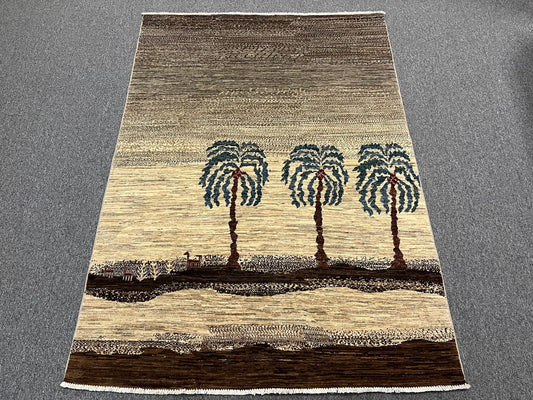 Tribal Palm Trees 5X7 Handmade Wool Rug # 12946