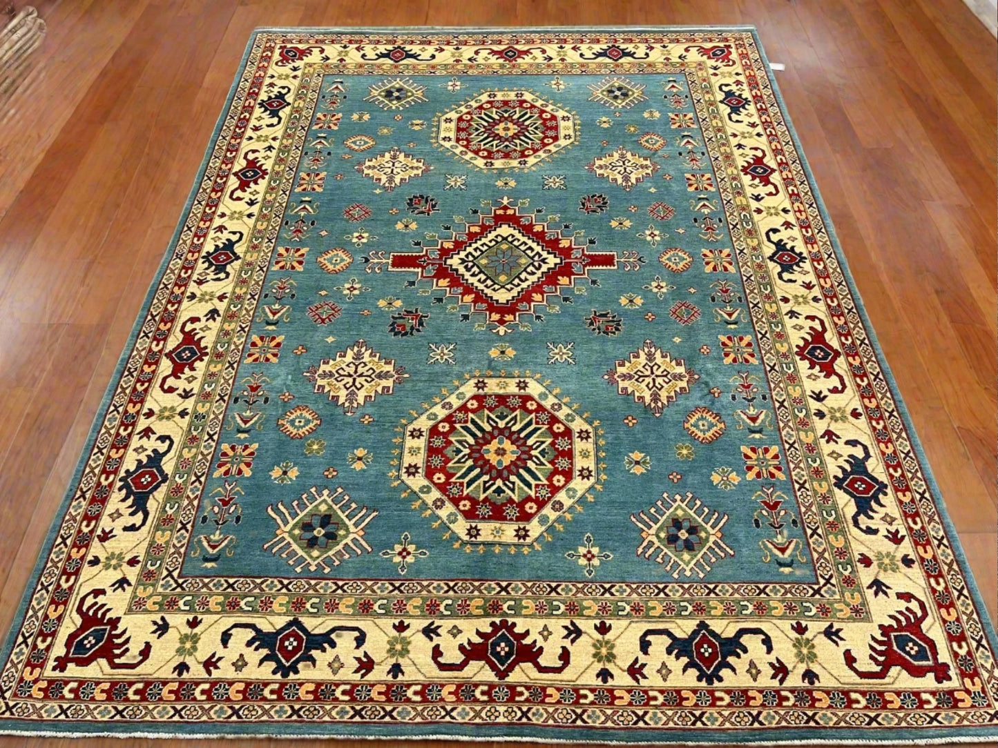 Kazak Light Blue 9X12 Handmade Wool Rug # 12481