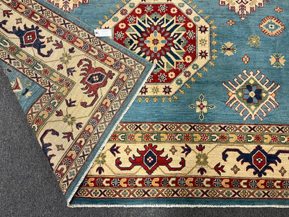 Kazak Light Blue 9X12 Handmade Wool Rug # 12481