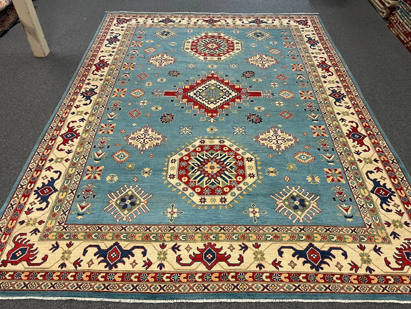 Kazak Light Blue 9X12 Handmade Wool Rug # 12481