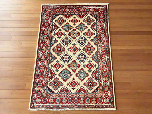 Kazak Beige and Red 3X4 Handmade Wool Rug # 12572