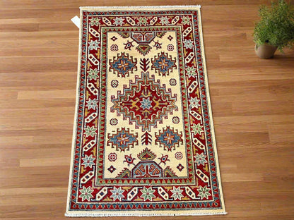 Kazak Beige and Red 3X4 Handmade Wool Rug # 12573