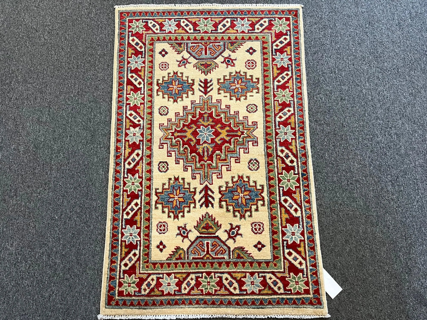 Kazak Beige and Red 3X4 Handmade Wool Rug # 12573