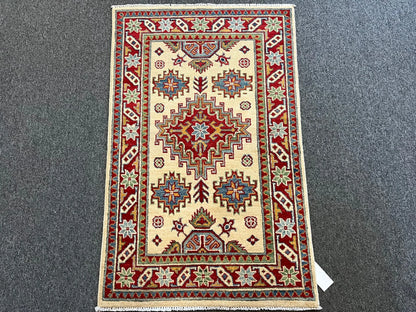 Kazak Beige and Red 3X4 Handmade Wool Rug # 12573