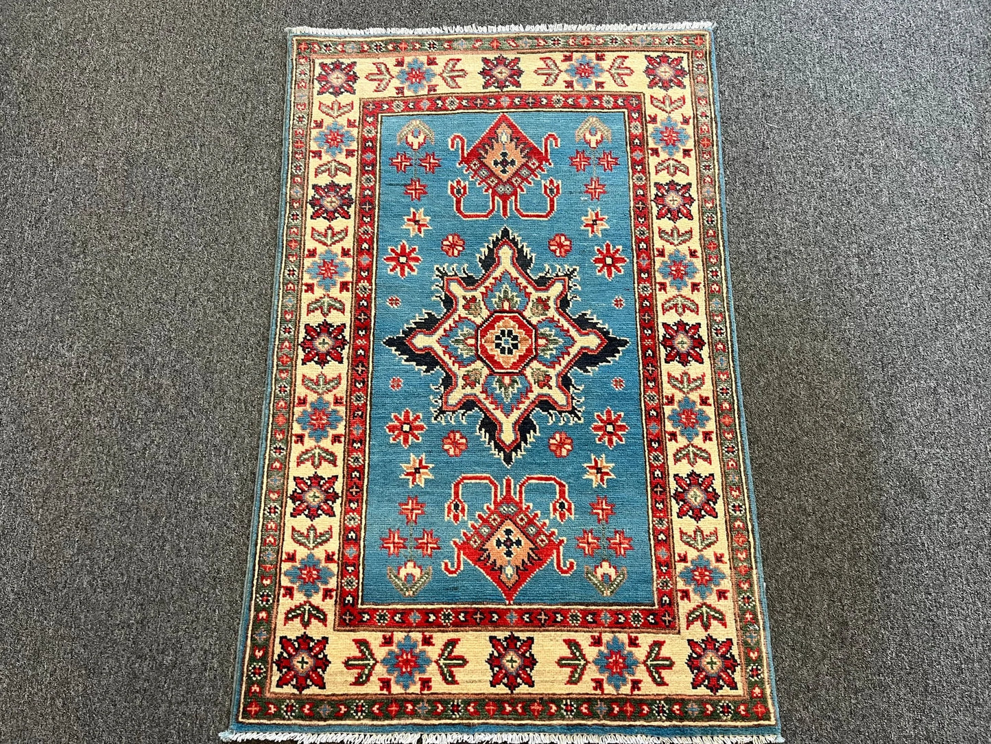 Kazak Tribal Light Blue 3X4 Handmade Wool Rug # 12721