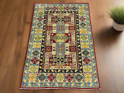 Kazak Geometric 4X6 Handmade Wool Rug # 12529