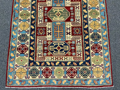 Kazak Geometric 4X6 Handmade Wool Rug # 12529