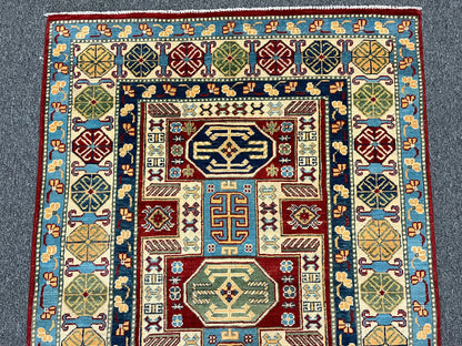 Kazak Geometric 4X6 Handmade Wool Rug # 12529