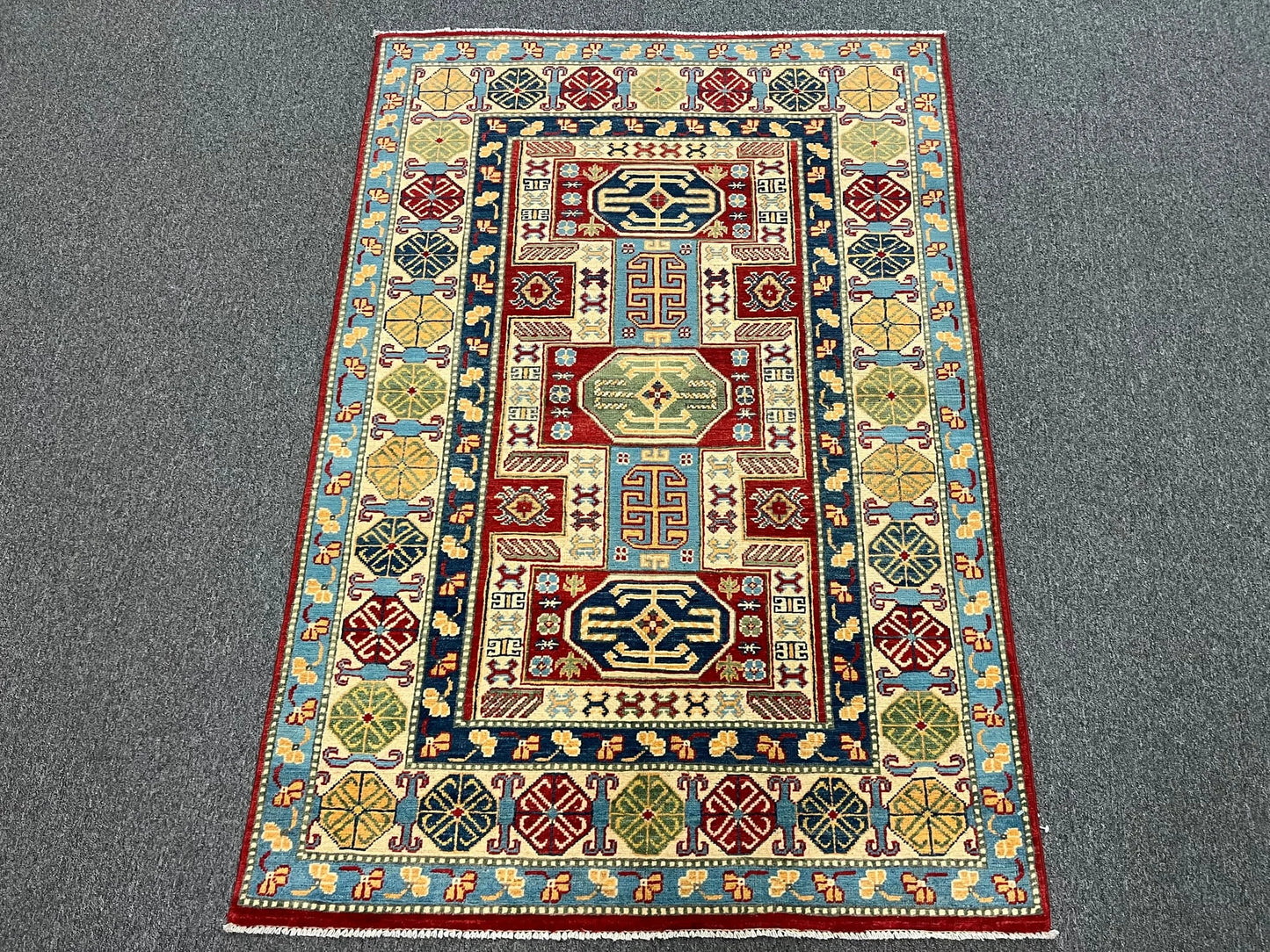 Kazak Geometric 4X6 Handmade Wool Rug # 12529