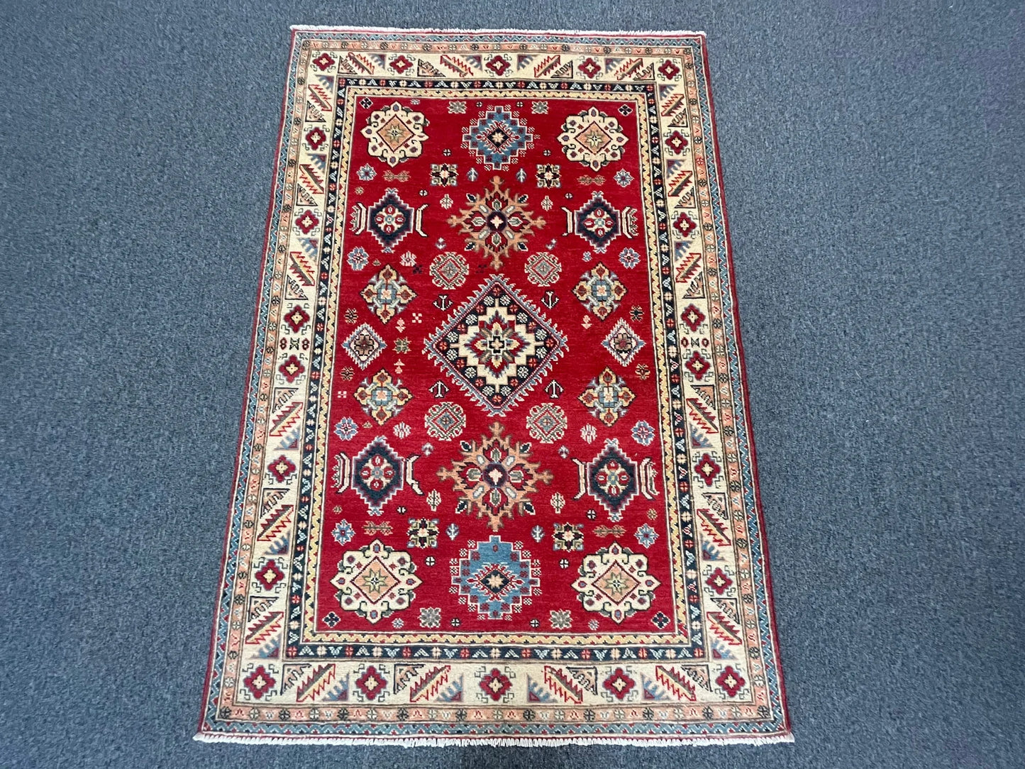 Kazak Geometric 4X6 Handmade Wool Rug # 12532