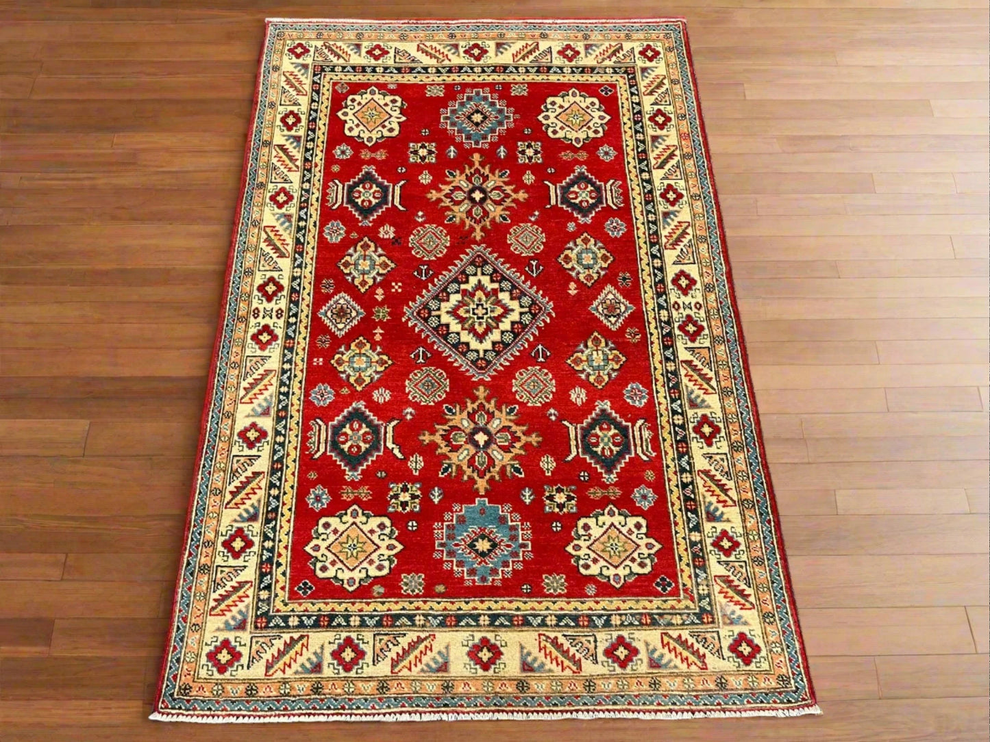 Kazak Geometric 4X6 Handmade Wool Rug # 12532