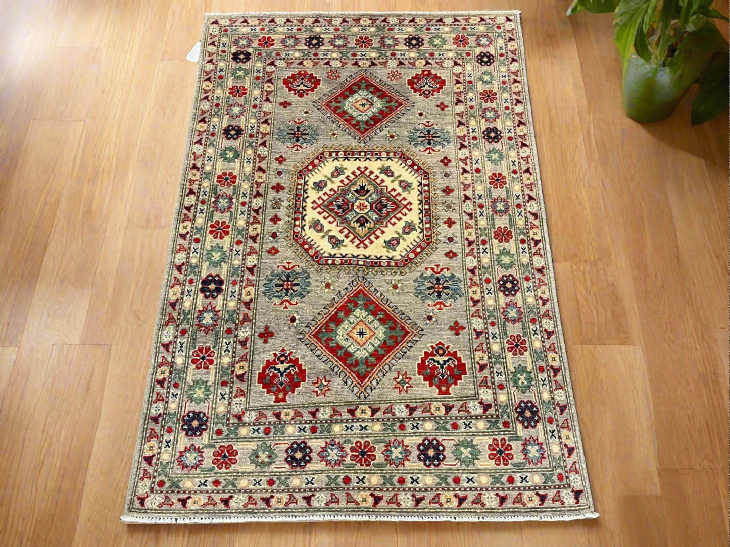 Gray Kazak 4X6 Handmade Wool Rug # 12527