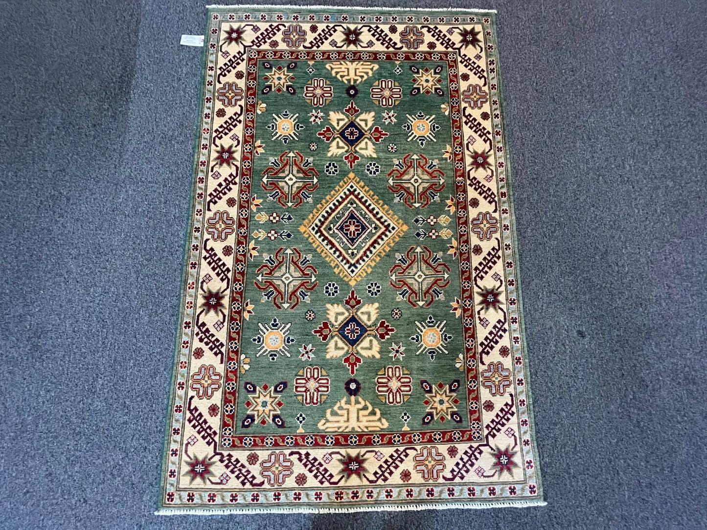 Kazak Geometric Green 4X6 Handmade Wool Rug # 12518