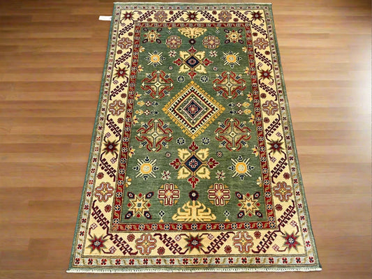 Kazak Geometric Green 4X6 Handmade Wool Rug # 12518