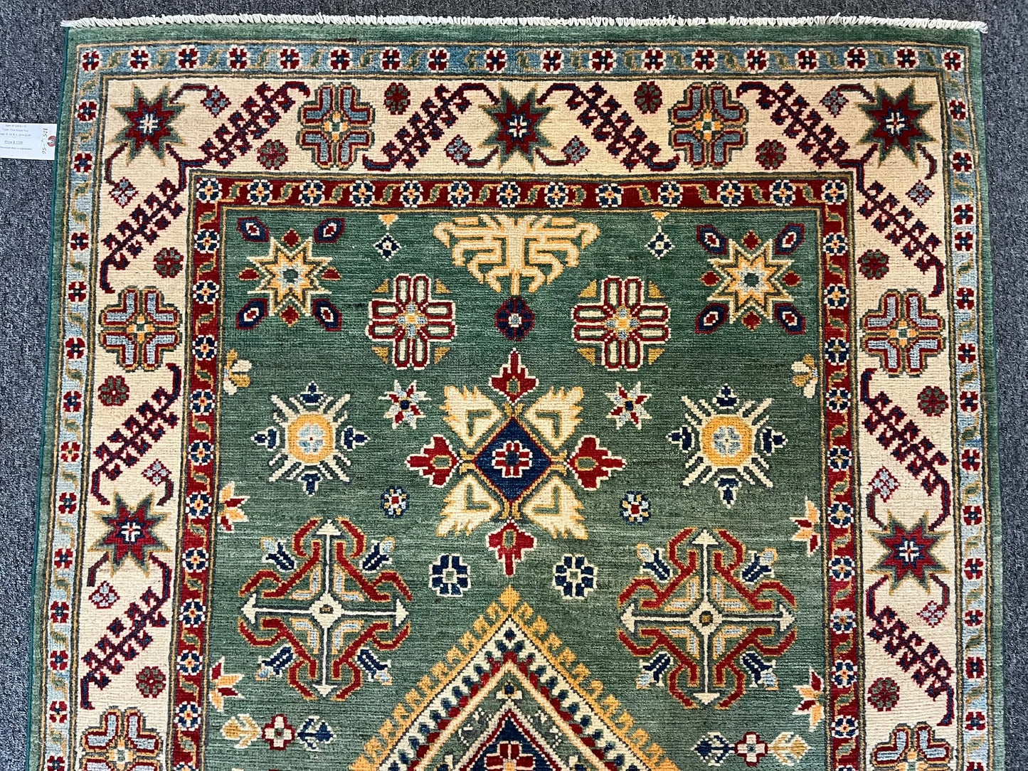 Kazak Geometric Green 4X6 Handmade Wool Rug # 12518