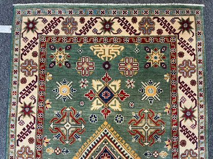 Kazak Geometric Green 4X6 Handmade Wool Rug # 12518