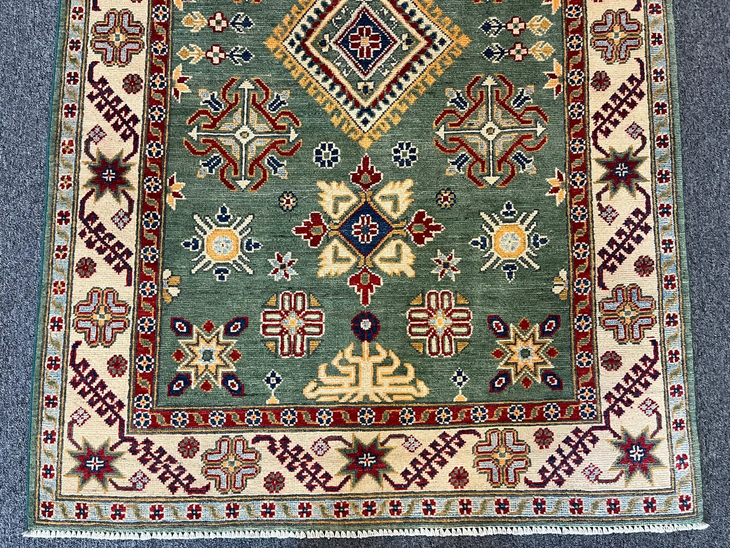 Kazak Geometric Green 4X6 Handmade Wool Rug # 12518